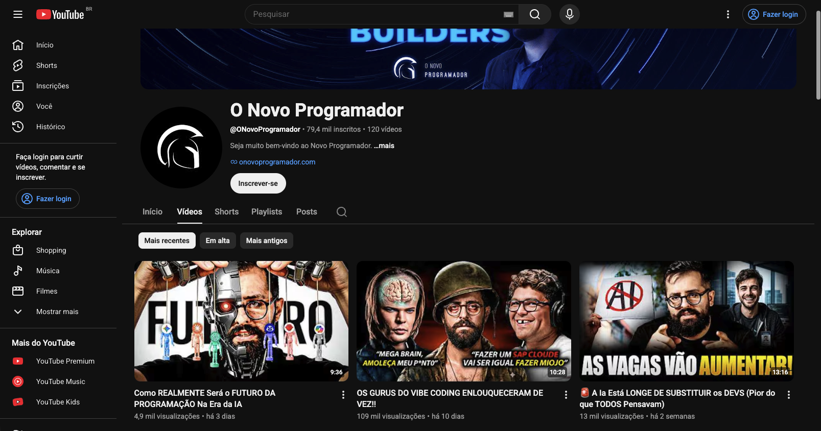 Canal O Novo Programador no YouTube com mais de 79 mil inscritos